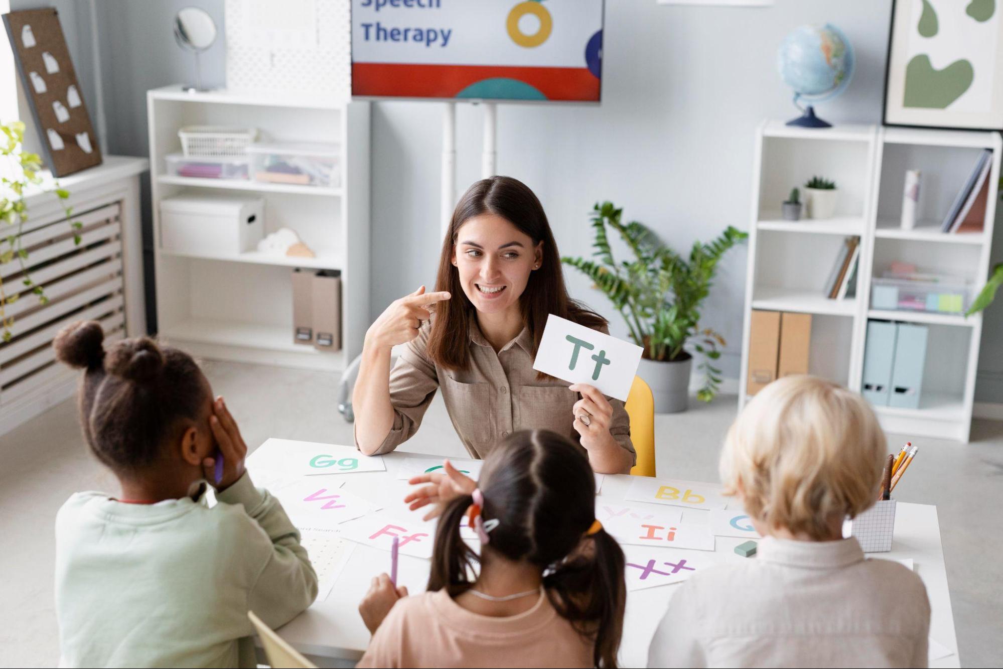 therapist teaching children how to spell alphabelt